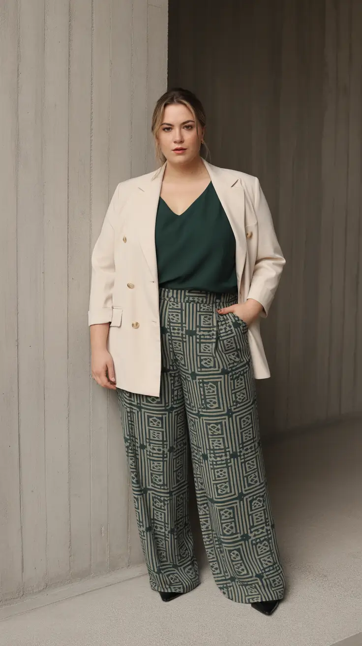 midsize spring outfits 2026 Patterned Green Tailoring for Confident Spring Structure