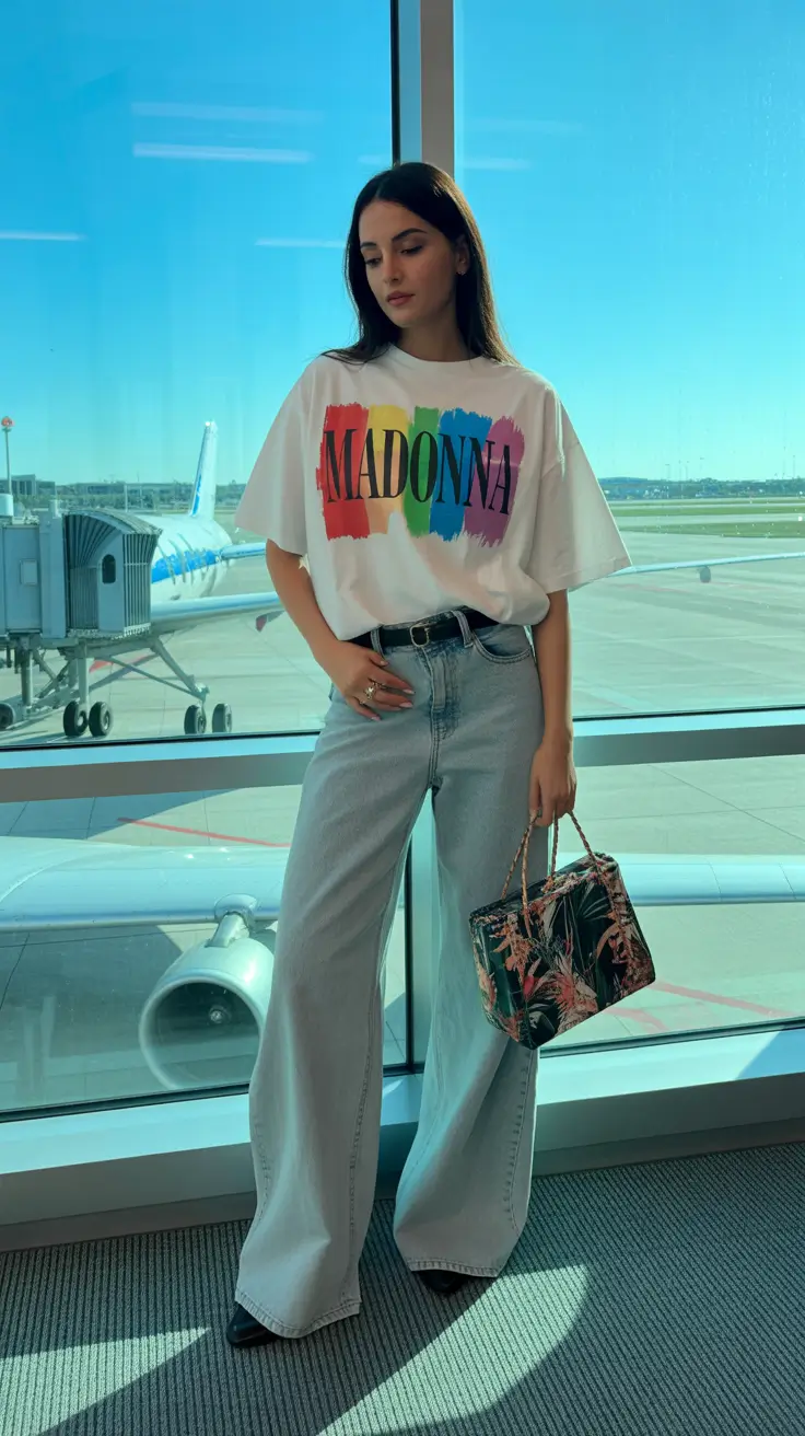 midsize spring outfits 2026 Retro Graphic Tee and Denim for Travel-Friendly Style