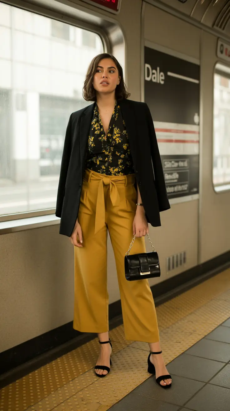 midsize spring outfits 2026 Mustard Tailoring and Black Layers for Striking Spring Contrast