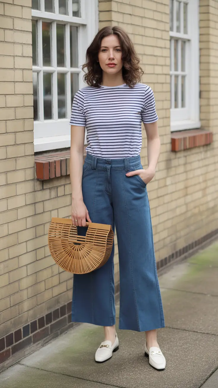midsize spring outfits 2026 Striped Tee Ease with Blue Cropped Denim for Everyday Spring Balance