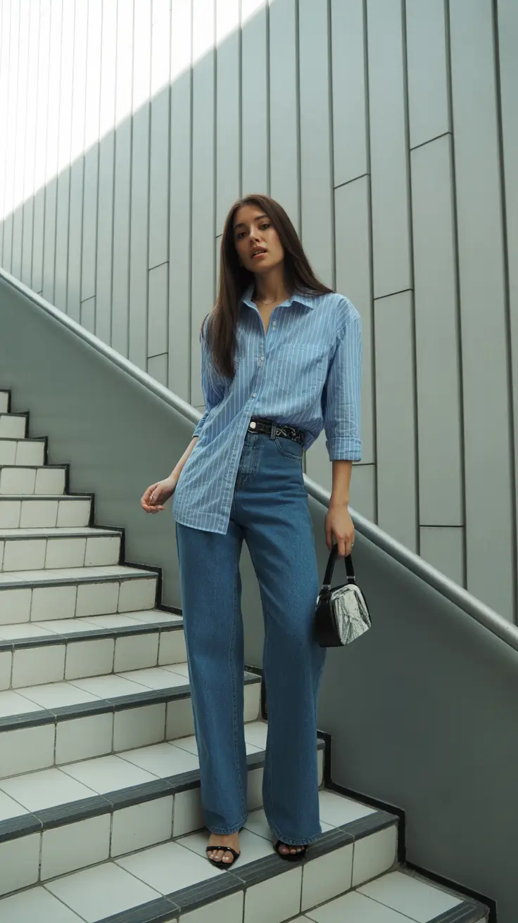 modest spring outfits 2026 Striped Blues and Clean Denim Simplicity