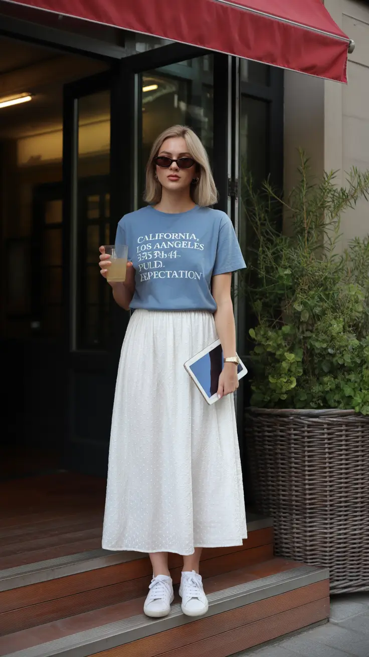 modest spring outfits 2026 Soft Graphic Tees and Whisper-White Volume