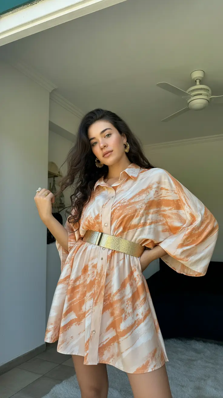 modest spring outfits 2026 Watercolor Shirtdress With Golden Accents