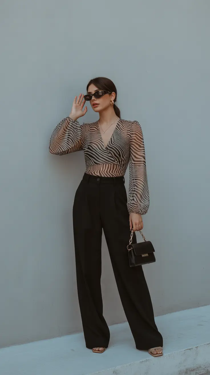 modest spring outfits 2026 Zebra Lines and Tailored Black Trousers