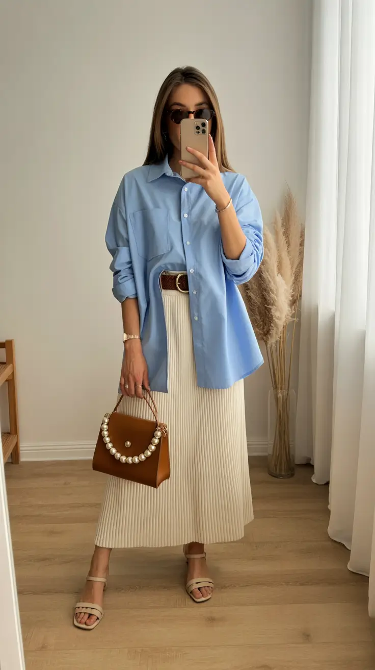 modest spring outfits 2026 Light Blue Structure and Creamy Pleats