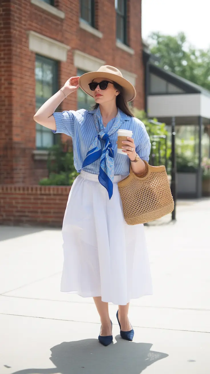 modest spring outfits 2026 Blue Stripes With a Soft Spring Glow