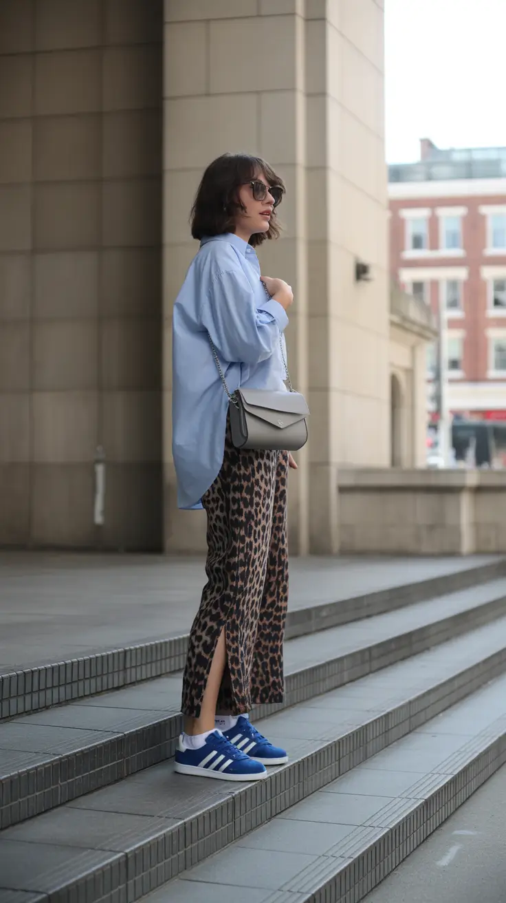 modest spring outfits 2026 Relaxed Blue Layers With Bold Animal Print
