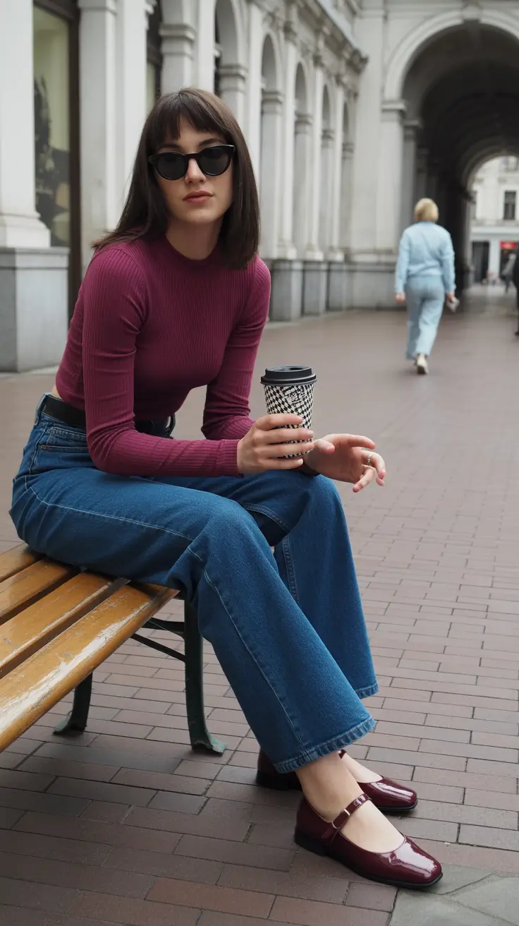 modest spring outfits 2026 Wine Tones With Classic Denim Ease