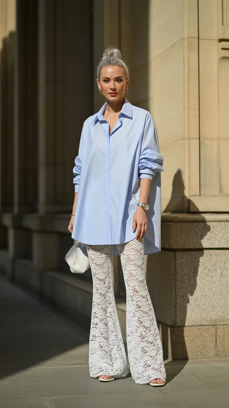 modest spring outfits 2026 Oversized Blues and Lace Textures