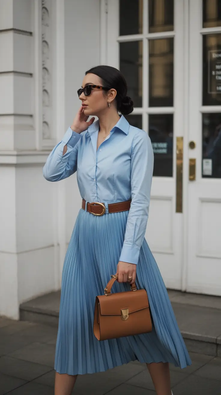 modest spring outfits 2026 Classic Blues With Pleated Grace