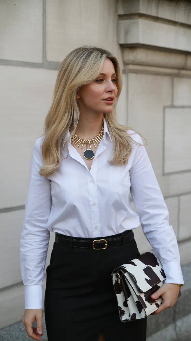 old money spring outfits 2026 Sharp Monochrome Styling with Statement Jewelry