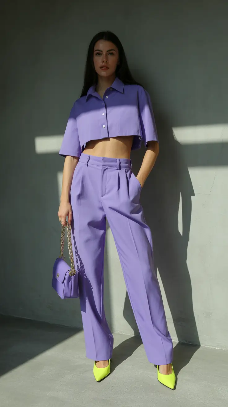 best spring outfits 2026 trends women Modern Lavender Tailoring With a Neon Twist