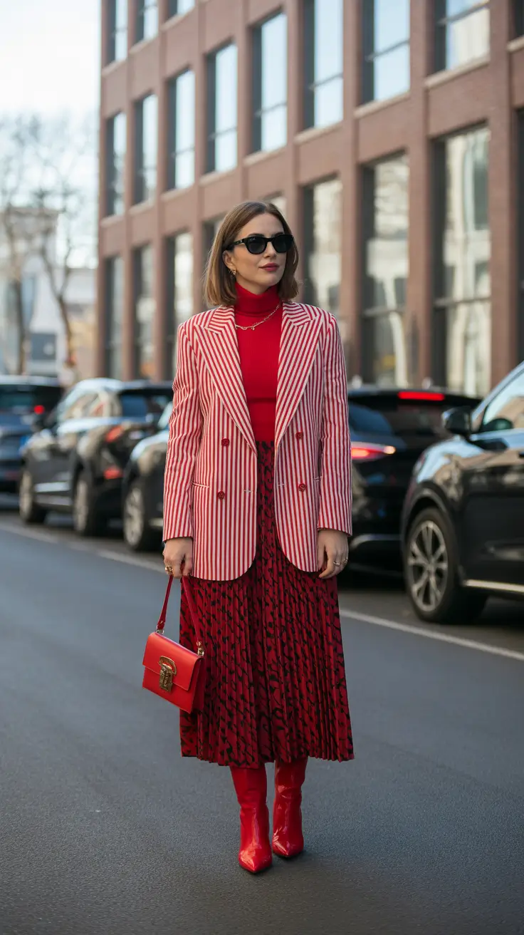 best spring outfits 2026 trends women Red-on-Red Power Layers With Pattern Play