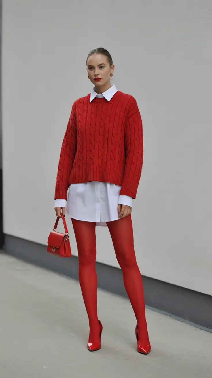 cute rainy spring outfit 2026 Monochrome Red Statement Layering