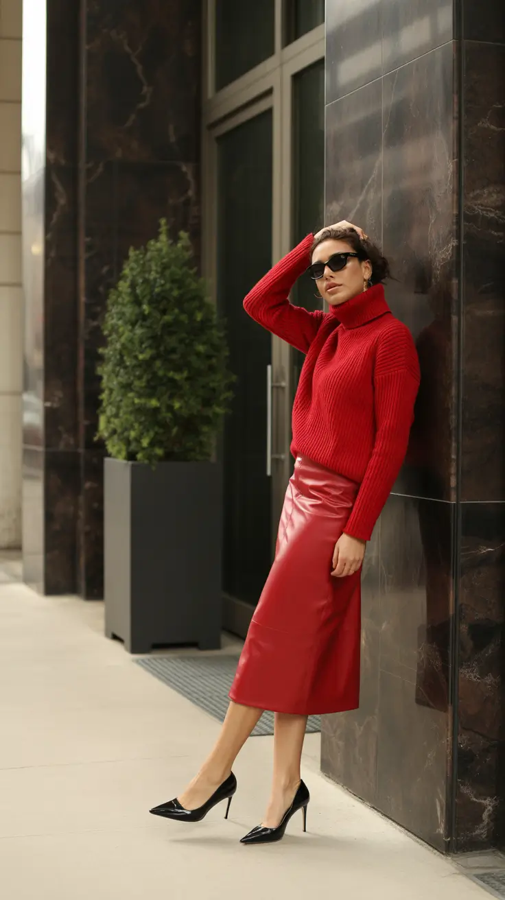 cute rainy spring outfit 2026 Red Knit and Midi Skirt Minimal Chic