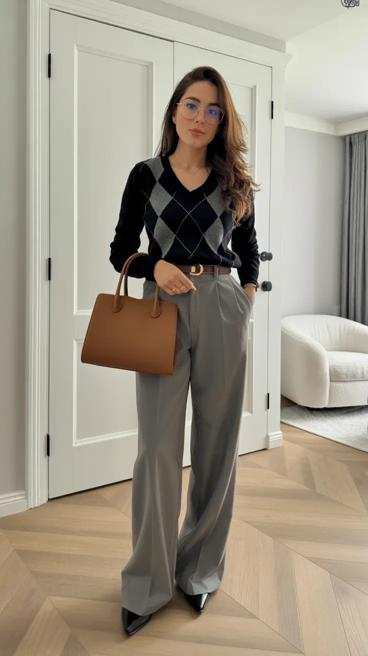 cute rainy spring outfit 2026 Classic Argyle Layers for a Soft Workday Mood