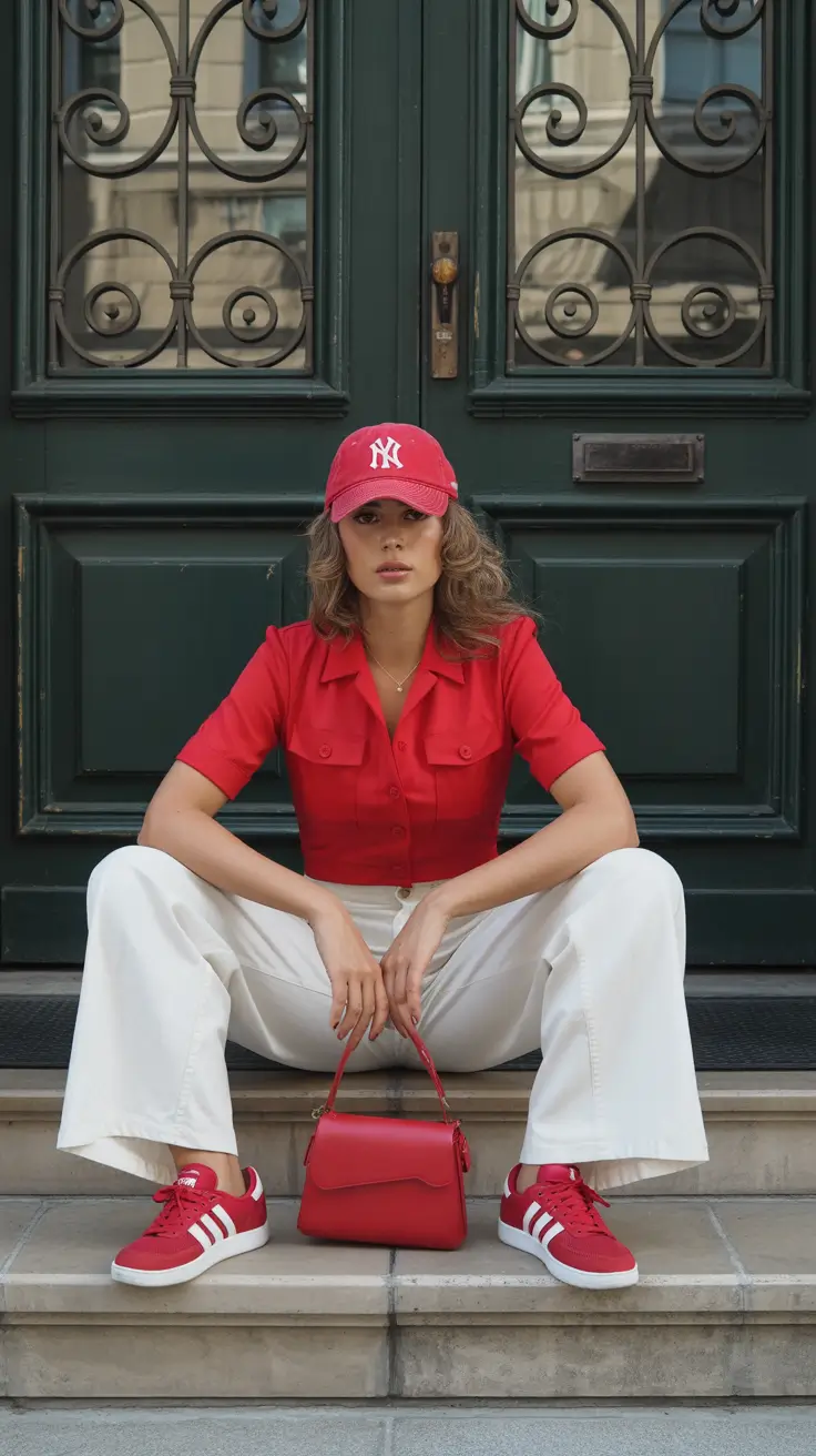 cute warm spring outfits 2026 Sporty Red Accents for Casual City Energy