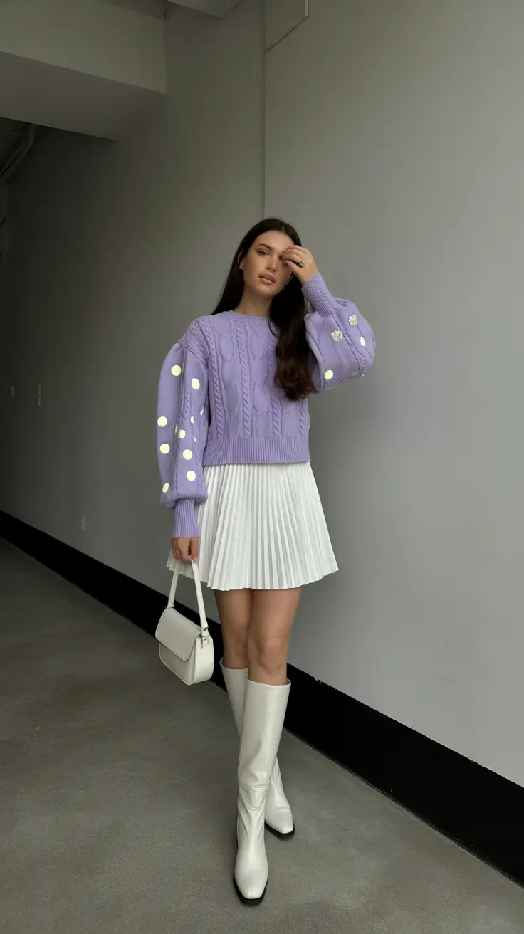 cute warm spring outfits 2026 Lavender Knit Meets Crisp Pleats for Soft Spring Days