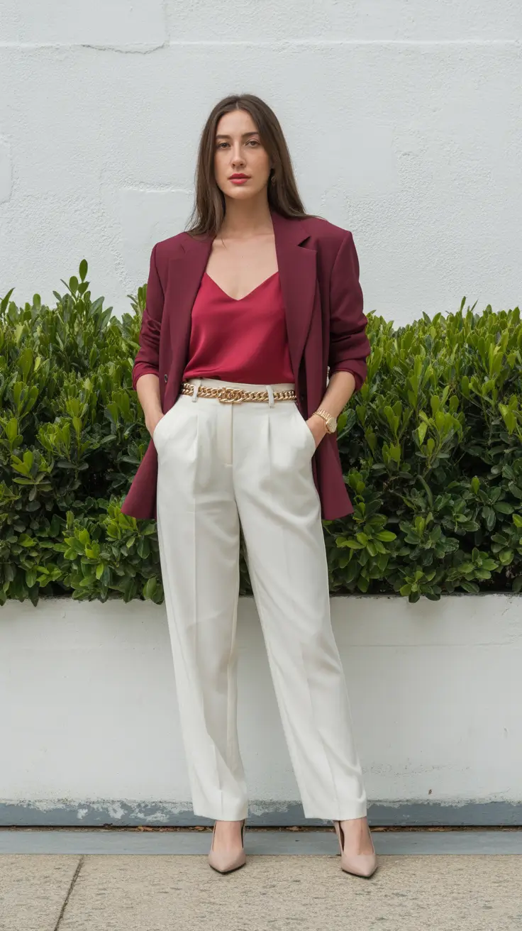 cute warm spring outfits 2026 Polished Burgundy for Transitional Work Days