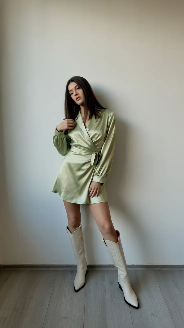 spring birthday outfit 2026 Soft Sage Wrap Dress With Minimal Western Influence