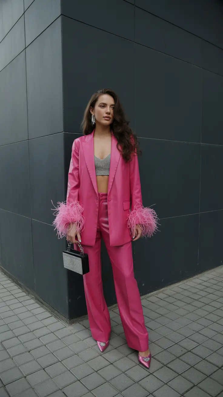 spring birthday outfit 2026 High-Impact Pink Glam With Feathered Accents