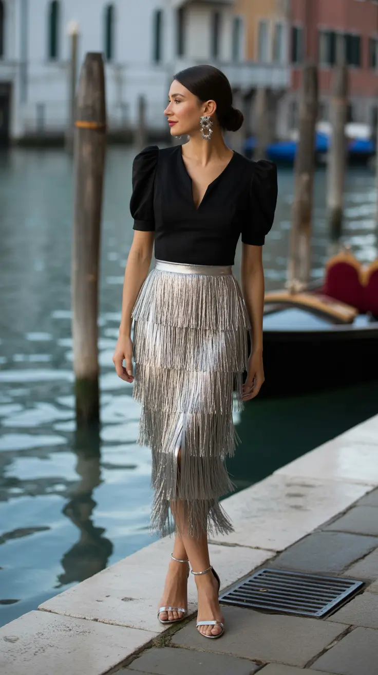 spring birthday outfit 2026 Silver Fringe Elegance With Sculpted Black Minimalism