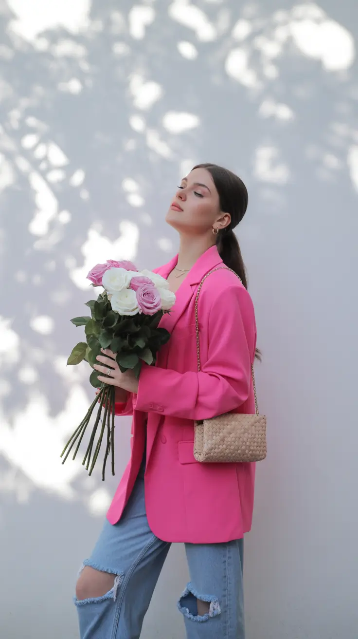 spring birthday outfit 2026 Bright Pink Layers With Relaxed Denim Ease