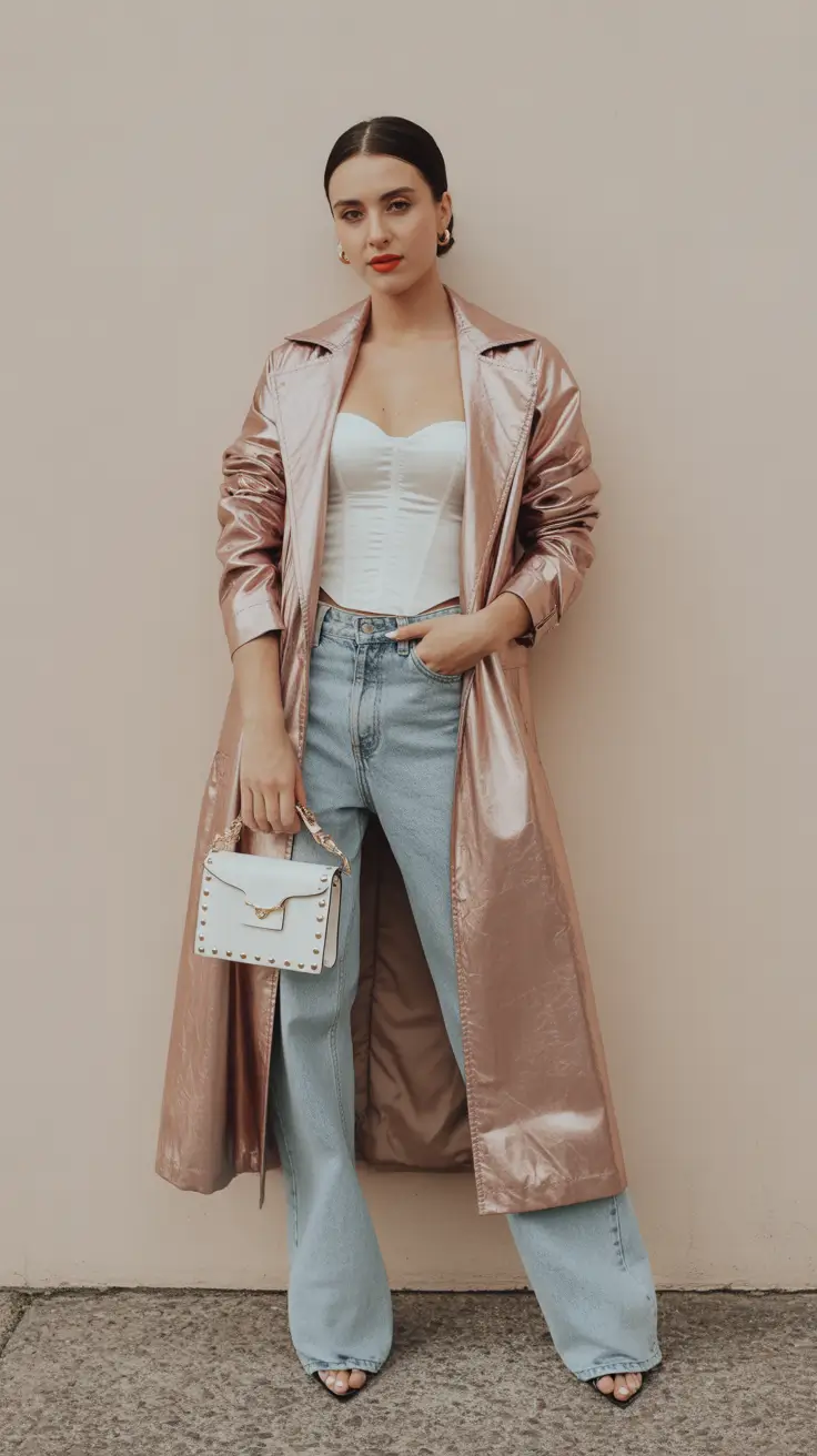 spring birthday outfit 2026 Metallic Drama With Classic Denim Balance