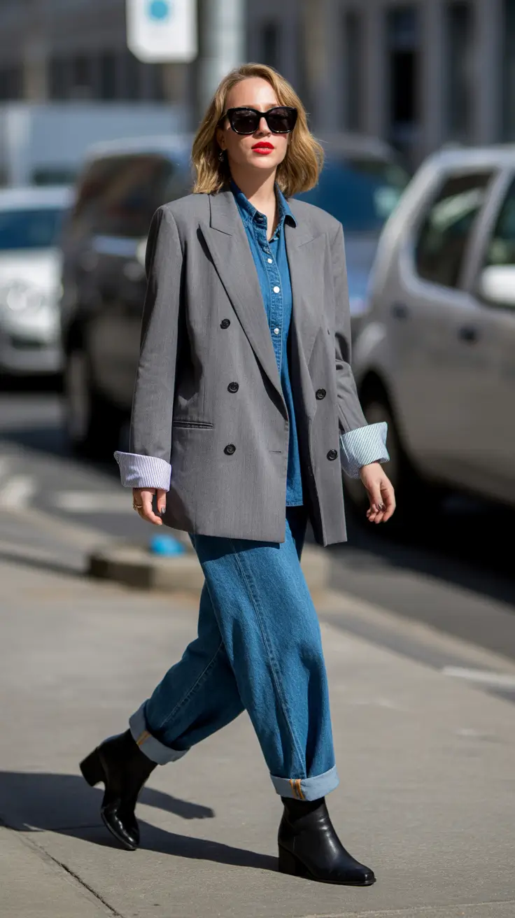 spring fashion outfits 2026 women Denim-on-Denim with Sharp Tailoring