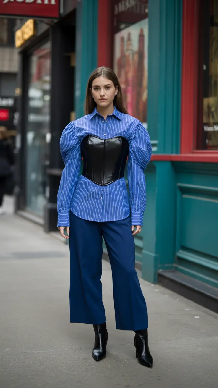 spring fashion outfits 2026 women Structured Corset Layering with Elevated Blue Tones