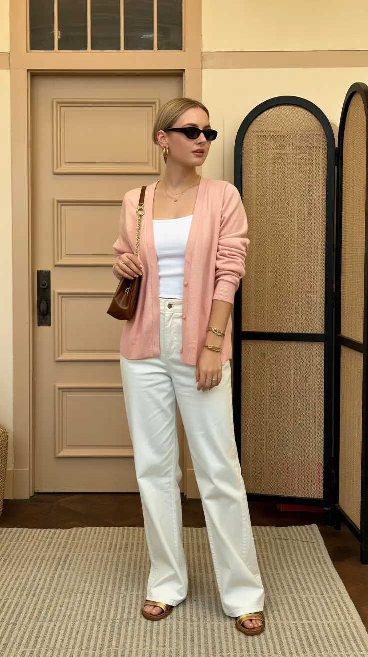 popular spring mom outfits 2026 - Soft Pink Layers With Clean White Denim