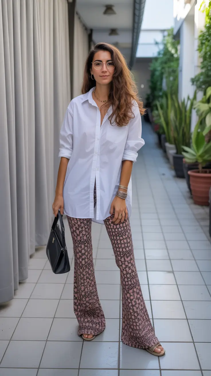popular spring mom outfits 2026 - Oversized White Shirt With Printed Flares