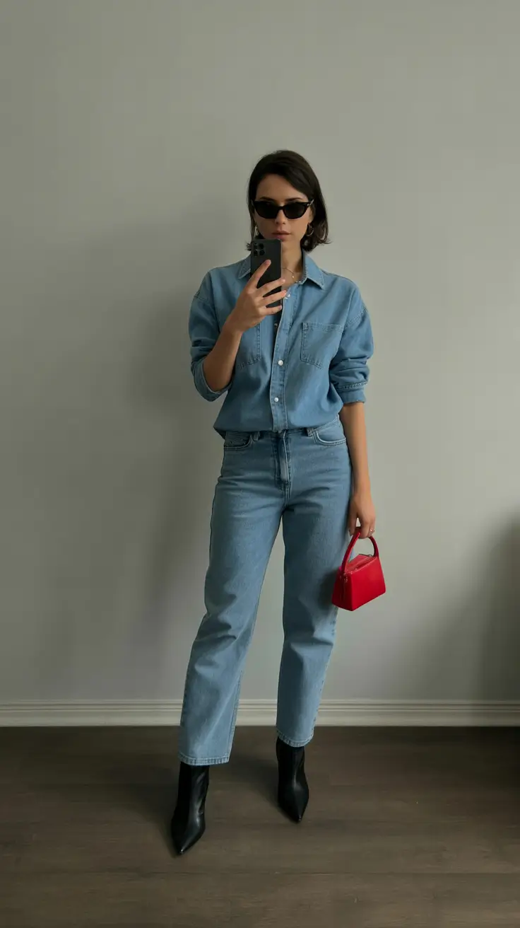 popular spring mom outfits 2026 - Monochrome Denim With a Bold Pop