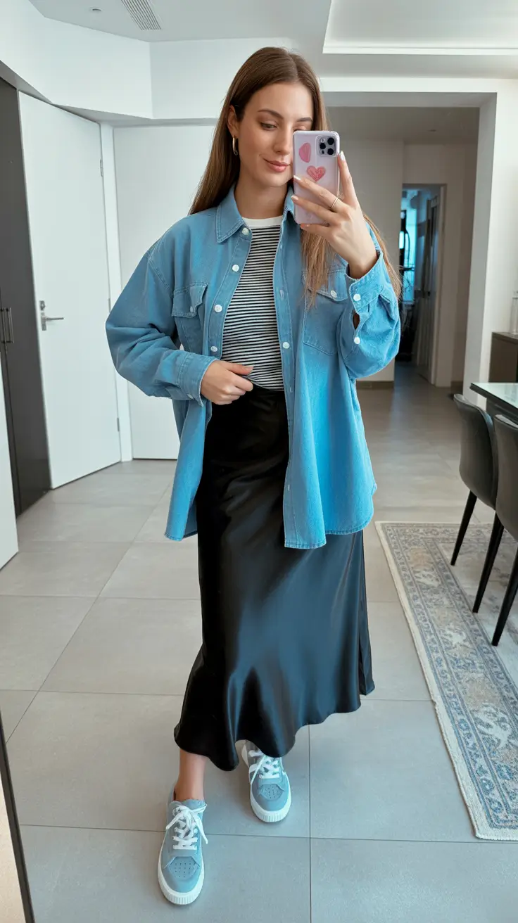 popular spring mom outfits 2026 - Denim Layers With Satin Movement