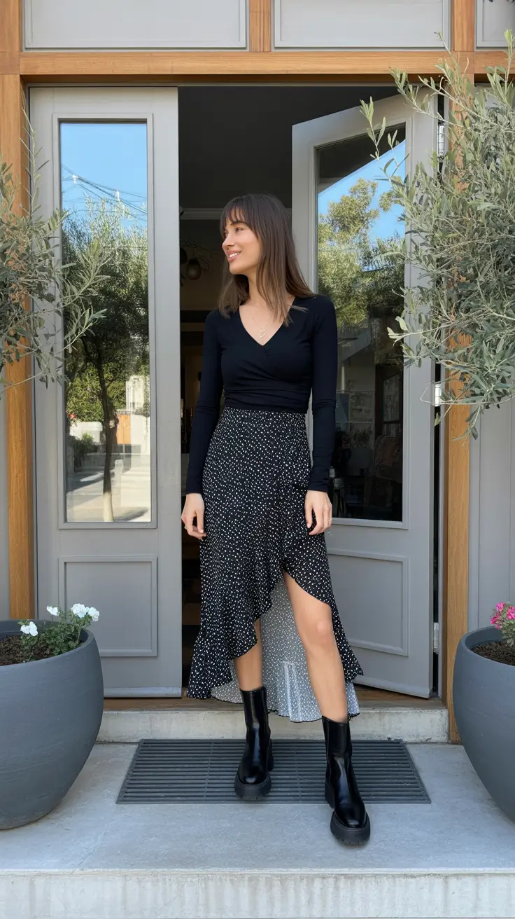 popular spring skirt outfits 2026 Black Ruffles and Minimal Layers for Transitional Spring Days