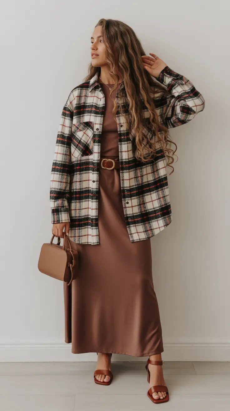 popular spring skirt outfits 2026 Layered Browns for Cozy, Modest Spring Warmth