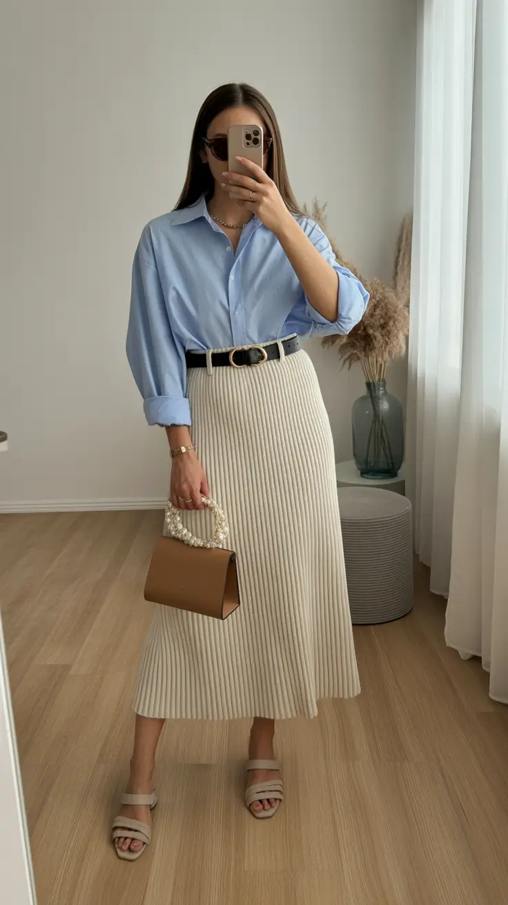 popular spring skirt outfits 2026 Blue Button-Downs and Ribbed Midis for Quiet Luxury Spring