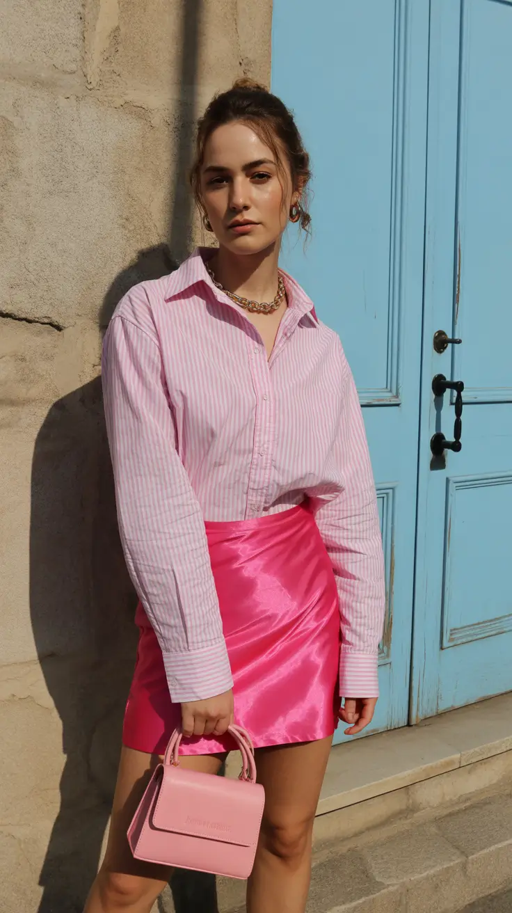 popular spring skirt outfits 2026 Soft Meeting Shiny: Modern Pink Monochrome