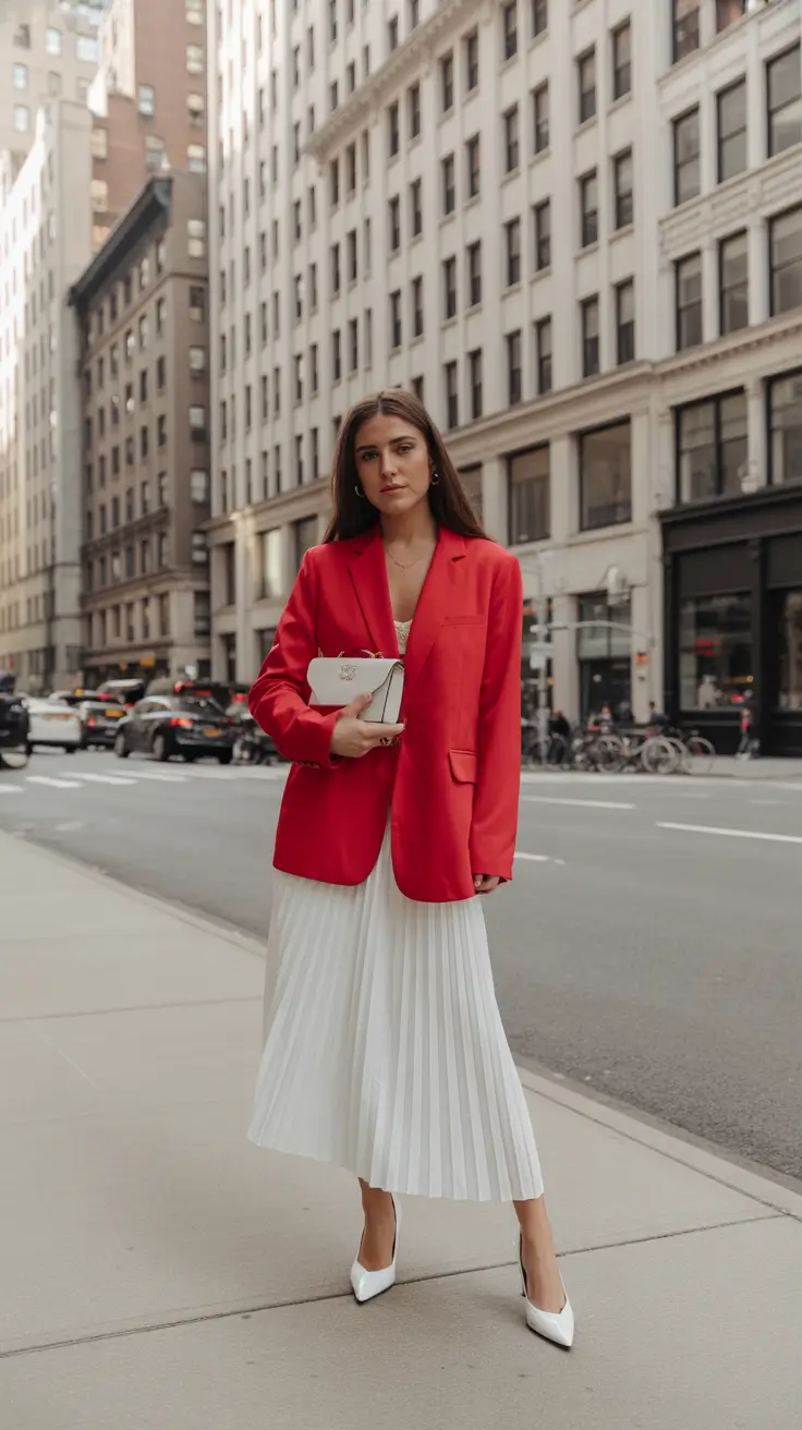 popular spring skirt outfits 2026 Pleated Whites and Power Red for City-Chic Spring