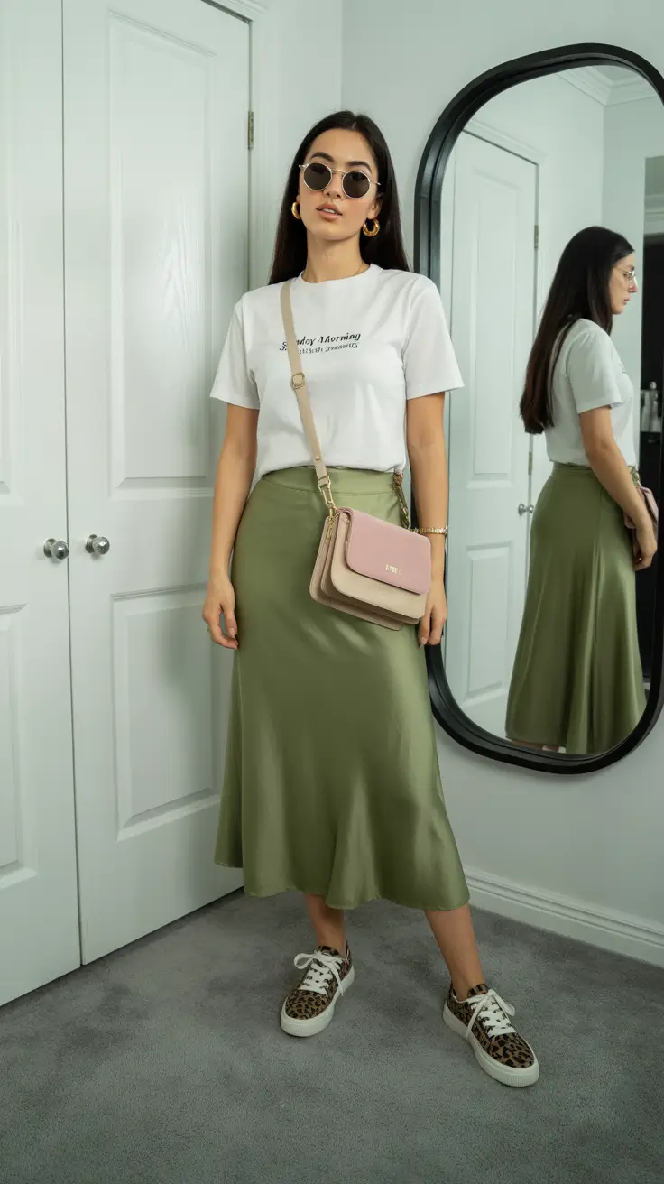 popular spring skirt outfits 2026 Casual Green Satin With Weekend Ease
