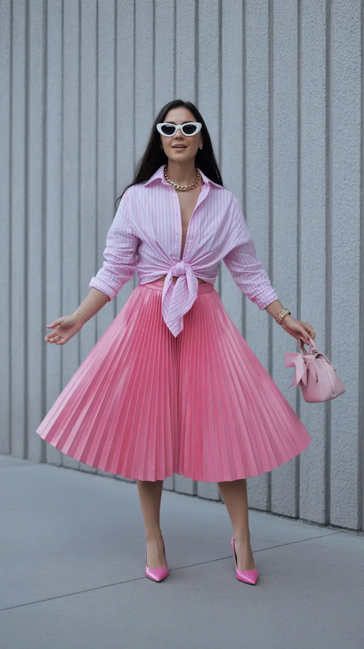 popular spring skirt outfits 2026 Playful Pinks With Retro Chic Confidence