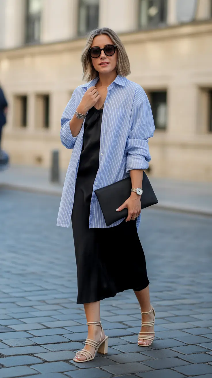spring vacation outfits 2026 - Striped Button-Down with a Black Slip for European City Nights