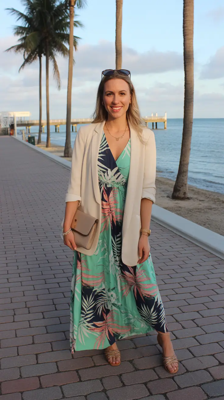 spring vacation outfits 2026 - Tropical Maxi Dress with Light Blazer for Coastal Evenings
