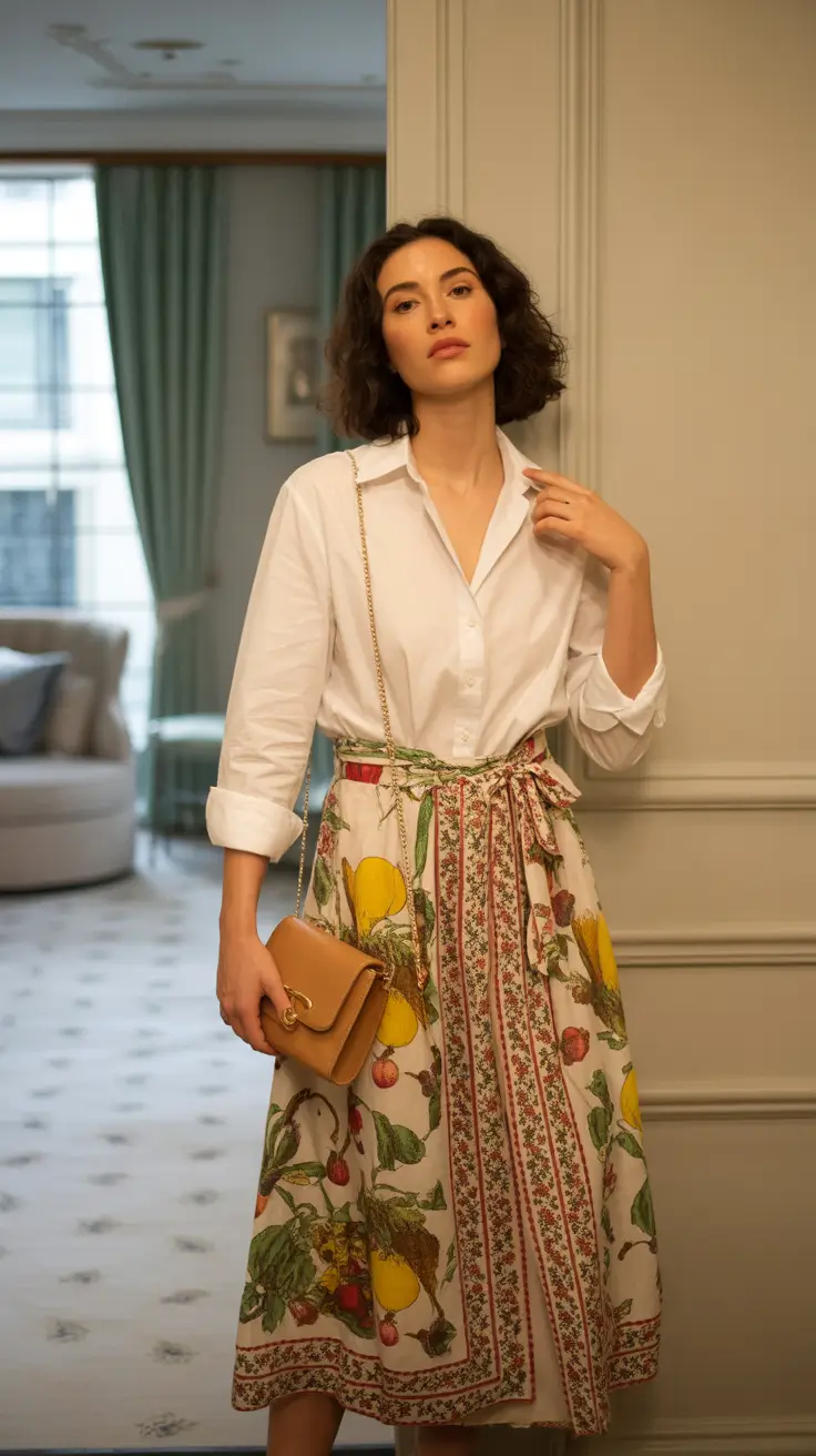 spring vacation outfits 2026 - Patterned Midi Skirt and Crisp Shirt for Italian-Inspired Moments