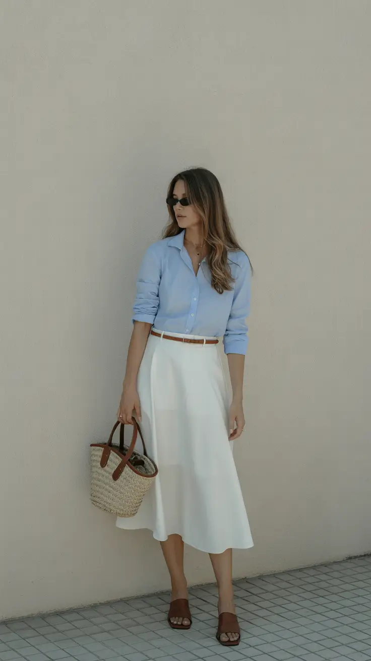 spring vacation outfits 2026 - Powder-Blue Shirt and White Midi Skirt for Classic European Spring Style