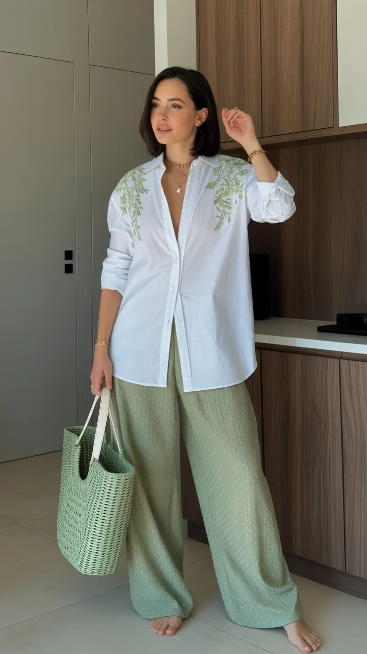 spring vacation outfits 2026 - Relaxed Green-and-White Set for Breezy Resort Days