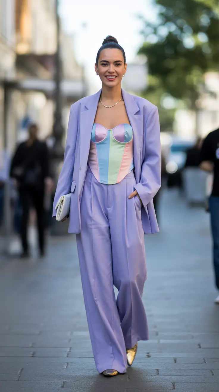spring blazer outfits 2026 Pastel Corset Lavender Suit