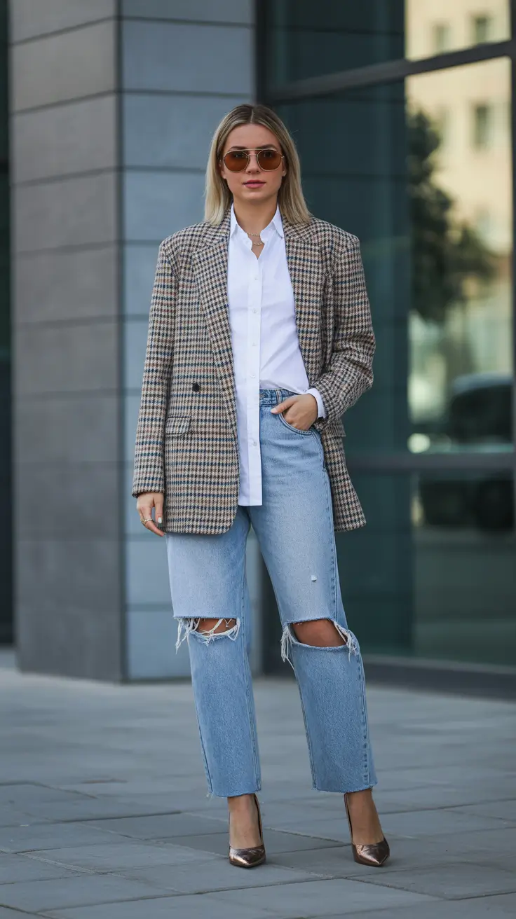 spring blazer outfits 2026 Checkered Blazer