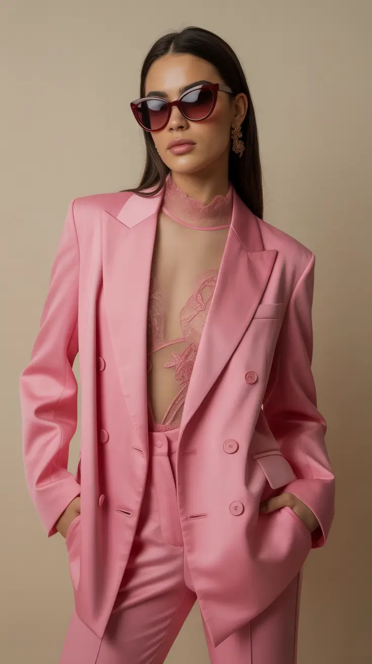 spring blazer outfits 2026 Pink Glossy Suit