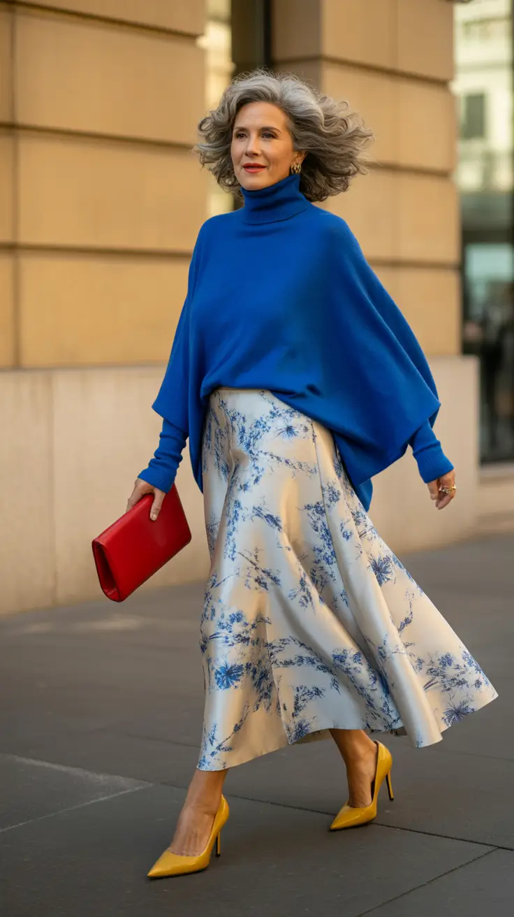 Top spring dressing over 50 2026 Statement Blue Knit With a Flowing Printed Skirt